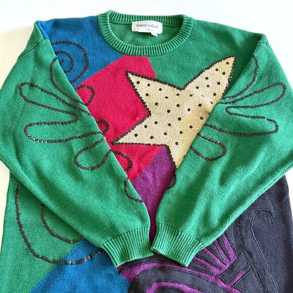 Vintage Franco Valeri, Sweater / 80s - 90s Style Star Pattern with Sequence - Picture 4 of 4